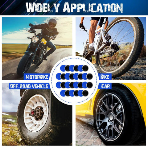 Image showcasing Top Shelf Heavy Duty Rubber Tire Patches 800 Count Bucket 42Mm Radial Repair Kit For Vehicles in use on bikes, cars, and off-road vehicles.