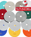 4 Inch Diamond Polishing Pads Wet Dry Set With 11 Diamond Pads And Backer Pad For Granite Concrete Marble Polishing Includes Grits 50 100 200 400 800 1500 3000 6000 And Water Feed Hole For Wet Polishing displayed in various colors.
