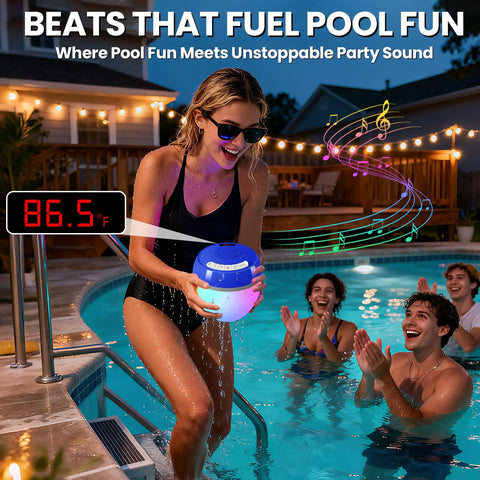 Woman holding 3 In 1 Bluetooth Pool Speaker With Digital Thermometer And Colorful Lights Floating IP68 Waterproof TWS Portable Speaker while standing in pool