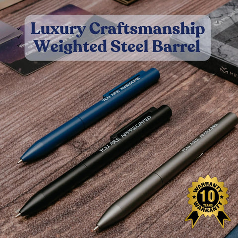 Three Pack Luxury Metal Ballpoint Pens Set For Teachers And Pros, Dope Desk Accessory Gift Ideas on wooden desk with text engraving