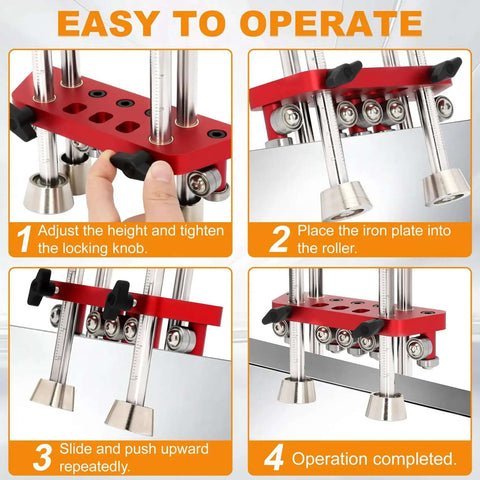 Step-by-step usage guide for Pro Grade Sheet Metal Bender Tool With 2 Station Design for Roofing and Fabrication, showing adjustment process.