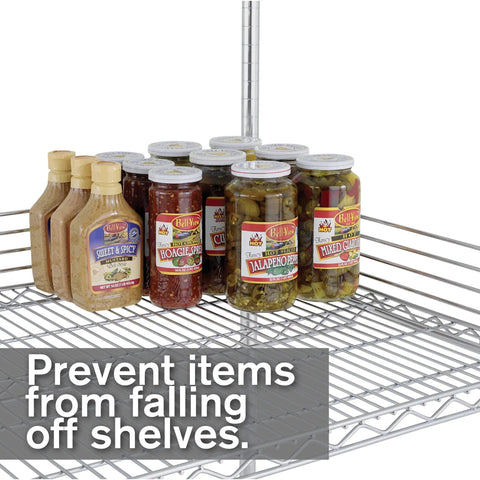 Top Tier Four Inch Stackable Ledge For Classic Wire Shelving With Sleek Chrome Rack Support Insert And Easy Snap Storage Addon For Legit Heavy Duty Build Quality In Garage Or Shop Space with jars and sauces.
