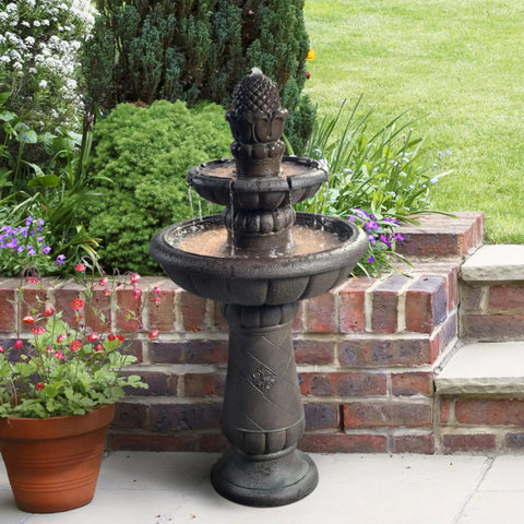 Deluxe Pineapple Pedestal Two Tier Floor Waterfall Fountain With Pump for Outdoor Patio, Iron Gray, 39 Inch Tall, Polyresin