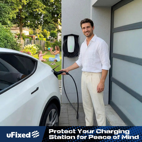 Tough As Nails Ev Charger Protective Cover With Heavy Duty Weatherproof Canopy For Electric Cars, installed near a charging station.