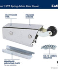 Spring Action Door Closer With Quiet Rubber Roller Heavy Duty Closure For Walk In Doors Fast Full Close Even With Gaskets And Air Pressure Direct Force Momentum Boost Easy Snap On Concealed Mounting Plate, showing polished chrome unit with mounting plate and screws.