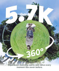 Weatherproof 5.7K 360 Video Action Camera Creator Bundle showcasing 360° view with clear details on grass and sky.