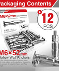 12 Pack M6 X 52mm Metal Drywall Anchors And Molly Bolts Heavy Duty Hollow Wall Fasteners With Screws in a clear case.