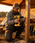 Straight Up Heavy Duty Cordless Drill And Driver Featuring High Torque Motor And Hassle Free Quick Chuck Professional Handheld Power Tool in use outdoors.