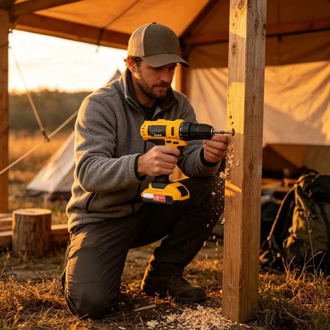 Straight Up Heavy Duty Cordless Drill And Driver Featuring High Torque Motor And Hassle Free Quick Chuck Professional Handheld Power Tool in use outdoors.