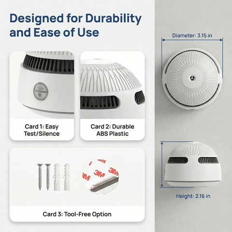Designed for durability, 3.15" diameter photoelectric smoke detector features easy test button in white ABS plastic.