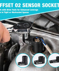 O2 Sensor Socket Set With 6 Sizes And 3/8 Inch And 1/2 Inch Drives used on engine part with close-up inserts