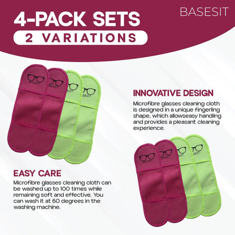 Basesit eyeglass cleaning cloths, microfiber 4-pack in pink and lime green