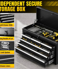 Smooth Rolling 8 Drawer Tool Chest With Nifty Detachable Modular Layout And Secure Locking Drawers For Top Shelf Garage Storage Slick Black Finish with tools and drawer details.