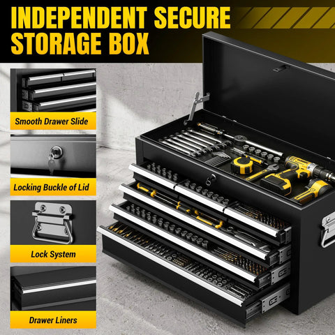 Smooth Rolling 8 Drawer Tool Chest With Nifty Detachable Modular Layout And Secure Locking Drawers For Top Shelf Garage Storage Slick Black Finish with tools and drawer details.