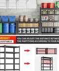 Heavy Duty Metal Storage Shelves with adjustable height, five tier utility rack showing tools and containers organized.