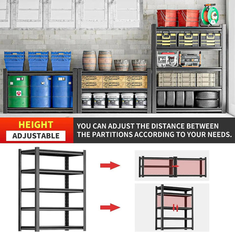 Heavy Duty Metal Storage Shelves with adjustable height, five tier utility rack showing tools and containers organized.