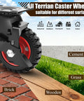 Five Inch Heavy Duty Caster Wheels Set Of Four All Terrain Swivel Casters With Locking Brakes on different surfaces including brick and grass.