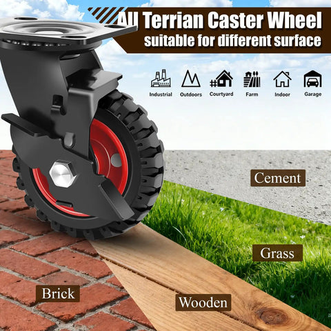 Five Inch Heavy Duty Caster Wheels Set Of Four All Terrain Swivel Casters With Locking Brakes on different surfaces including brick and grass.