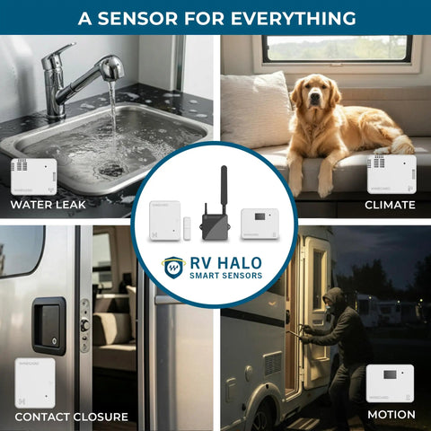 RV Halo Sensor Pack With Bluetooth Multi Sensor Kit for RV Monitoring showing water, climate, door, motion sensors
