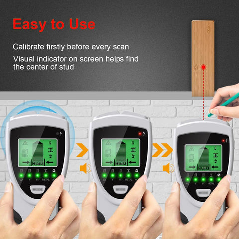 No Sweat Stud Finder And Wall Scanner With Hd Lcd Display showing calibration process for deep scan of wooden studs.