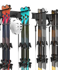 Badass Heavy Duty Garage Wall Mount Ski Rack Holds 4 Pair Wide Or 8 Pair Narrow Skis with secured skis and a helmet. Mounting detail visible.
