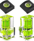 Camera Hot Shoe Level Set 4 Pack Slick 2 Axis Spirit Bubble Level and 1 Axis Quick Swap Clip for DSLR Nikon Canon Olympus featuring clear and green spirit levels.