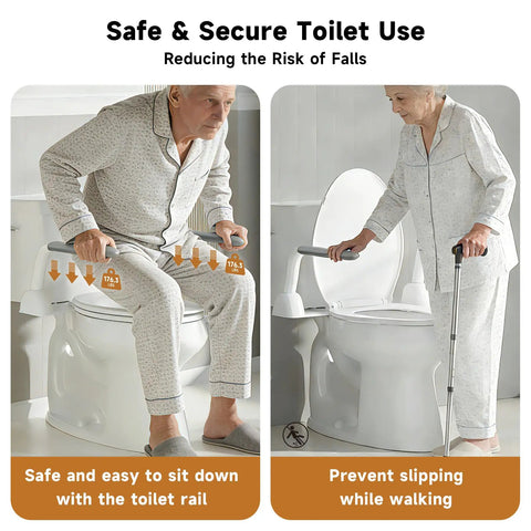 Beast Mode Cast Iron Toilet Safety Rails With Quick Fold Handles supporting seniors sitting and standing securely in bathroom.