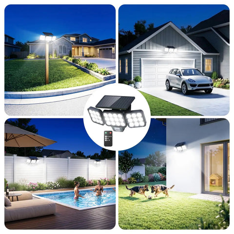 Fly Hella Bright Solar Flood Lights With Rapid Trigger Motion Sensor And Pocket Remote 3500 Lumen Cob Led illuminating yard and driveway at night.