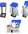 Portable Collapsible 13 Gallon Trash Bag Holder for Indoor Outdoor Use On The Go Camping And Parties Durable Plastic Trash Can Easy To Set Up Great For Recycling And Mess Cleanup Blue with open blue lid and trash contents visible