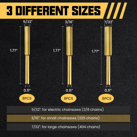 3 sizes of 24 Pieces Diamond Chainsaw Sharpener Bits Titanium Plated High Hardness Burrs Pro Grade, shown with dimensions