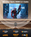 Built Tough Fiber Optic HDMI Cable 33 Ft Long In Wall CL3 Certified handles 8K at 60Hz with dynamic HDR connected to a TV.