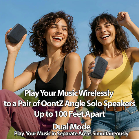 Two people outdoors enjoying music with Ultra Portable Bluetooth Speaker With 14 Hours Of Play Time, 100 Ft Wireless Range, Waterproof Design, Budget Friendly Go To Travel Or Home Speaker, Dope Sound From Compact Neodymium Driver, Great Gift, holding compact speakers.