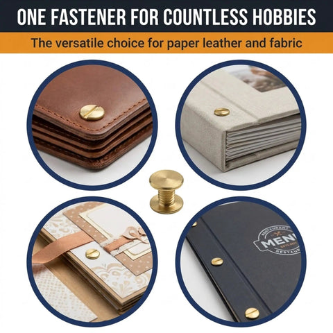 Rock Solid 100 Pack Chicago Screw Binding Posts With Heavy Duty Brass Plated Finish For Scrapbooking Photo Albums And Leather DIY Craft Projects That Truly Delivers The Goods showcased in various applications for leather and fabric crafts.