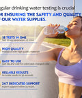Woman drinking water with text about benefits of 18 Parameter Drinking Water Test Strips Kit For Home And Well Water Testing 125 Count