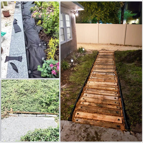 Collage of 50 Pack Four Point Three Inch Plastic Garden Stakes for weed barrier and landscape edging in various outdoor setups