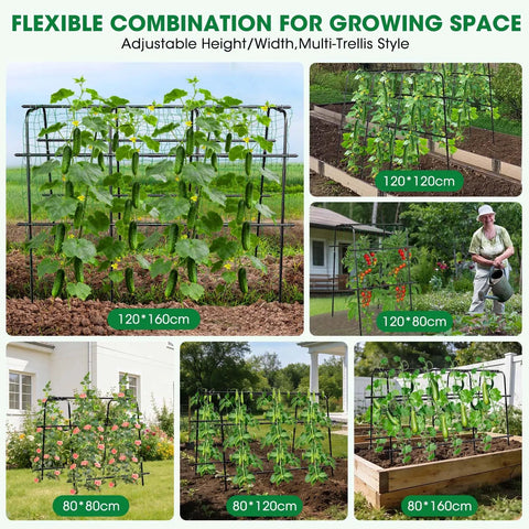 U Shaped Metal Garden Trellis For Climbing Cucumbers And Vines, variety of configurations with sturdy frames and plants climbing.