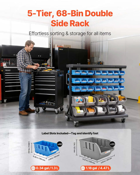 Straight Up Reliable Dual Sided Rolling Storage Rack With Sixty Eight Tough Plastic Parts Bins And Quick Label Slots, Slick Mobile Tool Caddy featuring storage bins and garage organization.