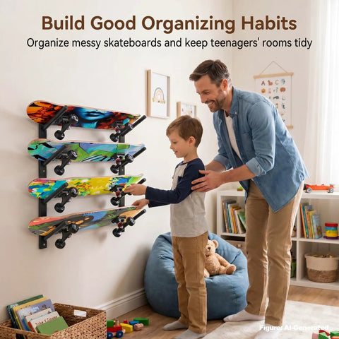 Super Slick Horizontal Skateboard Wall Mount Rack For All Board Types features six tier deck holder displaying vibrant skateboards.