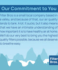 Blue and white graphic with text about Filter Bros' commitment to air quality and healthy air at home.