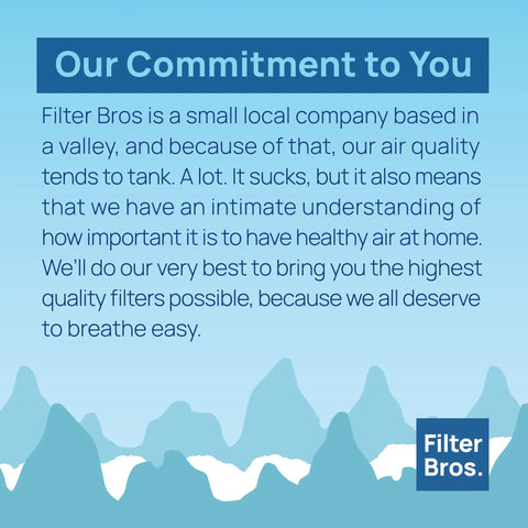Blue and white graphic with text about Filter Bros' commitment to air quality and healthy air at home.