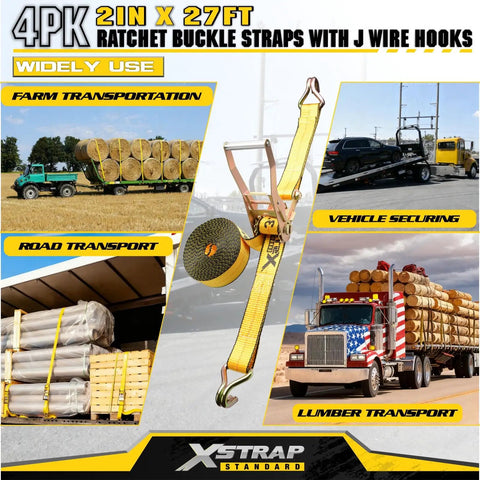 4 Pack 2 Inch By 27 Foot Heavy Duty Ratchet Tie Down Straps With Double J Hooks, 10,000 Lbs Break Strength And 3,333 Lbs Working Load, Long Handle Cargo Straps For Truck Trailer Motorcycle Kayak Roof shown with transport uses