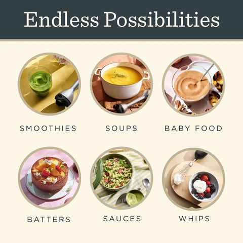 Total Kitchen Badass Five Speed Immersion Blender Bundle with Easy Swap Whisk making smoothies, soups, baby food, batters, sauces, and whips.