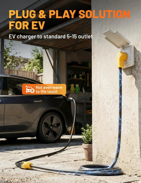 Heavy Duty 12 Awg Flat Extension Cord 10 Ft Outdoor Sjtw Power Adapter 3 Prong Nema 5 15P To 20R 6 15 20R Ac Outlet connected to EV charger.