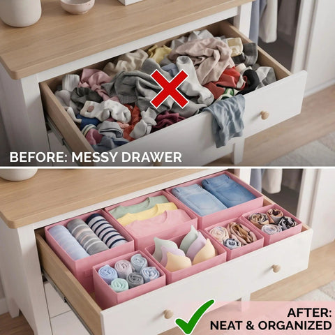 8 Pack Fabric Drawer Organizer Bins with Versatile Multi Size Storage Cubes for Clothing and Gear to Declutter Your Dresser Effortlessly shown in neat drawer.