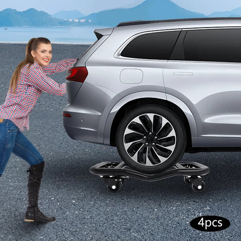 Heavy Duty Car Wheel Dollies Set Of 4, steel dolly under a car tire with a woman pushing the vehicle on gravel.