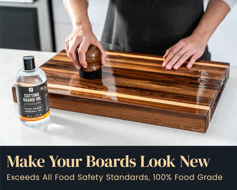 Person conditioning wood cutting board with Food Grade Mineral Oil For Wood Cutting Boards And Butcher Blocks 16oz Safe For Bamboo