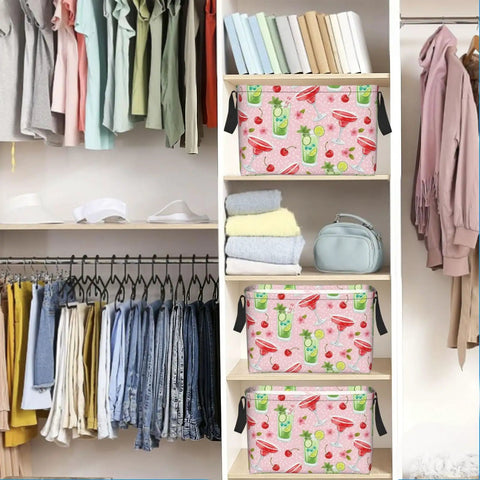 Genuine Rectangular Storage Basket For Zero Fuss Organization, Waterproof Fabric Bins With Fresh Print Vibes, Solid Household Declutter Game Changer For Laundry And Kids Toys in colorful closet setting.