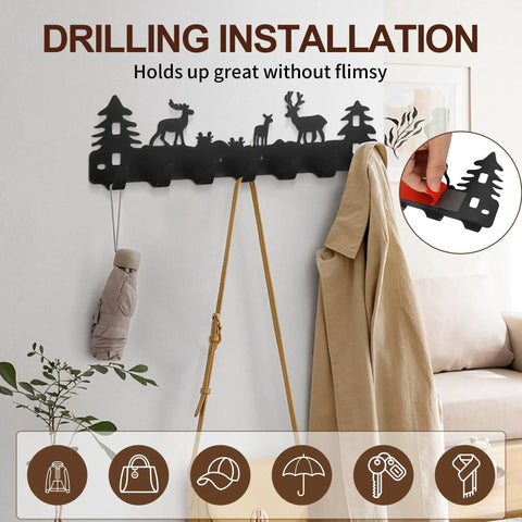 Chic Deer Wall Hook Rack With Seven Smooth Hooks And Double Adhesive Screw Mount For Kitchen Bathroom Storage Waterproof Black Metal Build displaying installation with hooks holding a coat.