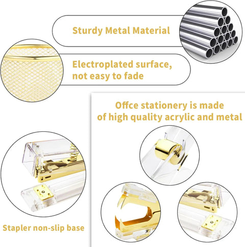 Image detailing features of the Shiny Gold Tone Office Desk Accessories Set With Acrylic Stapler Tape Dispenser Staple Remover Pen Holder Scissors.