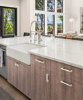 Modern kitchen with 10 Pack 5 Inch Brushed Nickel Cabinet Pulls For Cabinets And Furniture, highlighting brushed nickel finish on drawers.